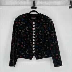 Vtg Admont Black Velvet Floral Bavarian Button Front Cropped Jacket - Large